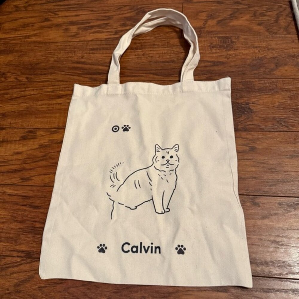 Canvas Tote Bag Beige, Black Outlined Cat, Calvin, Paw Prints 13 x 15 Rectangle